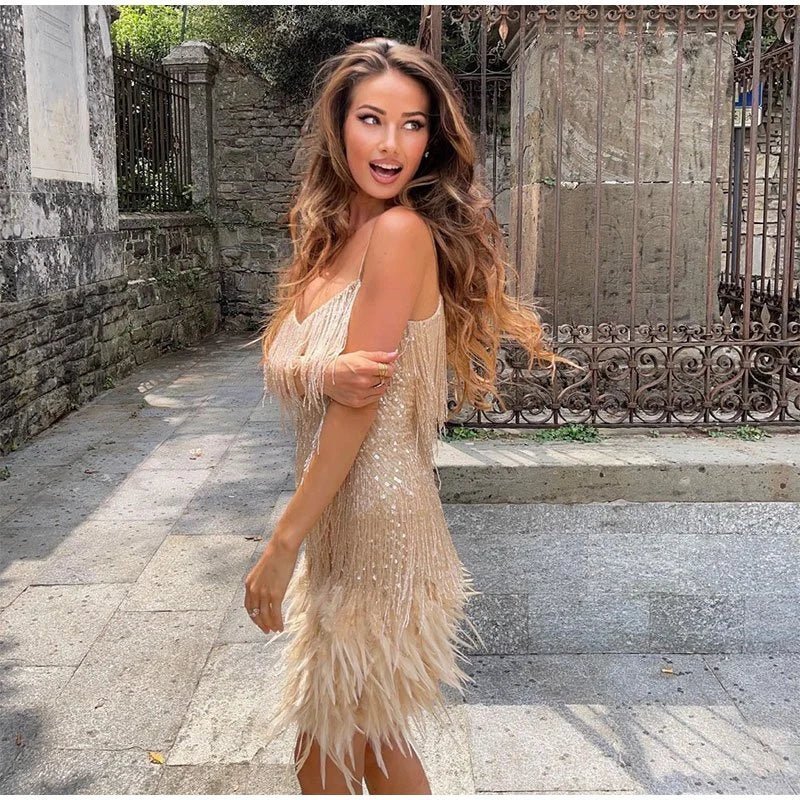 Women's Cocktail Mini Dress with Feather Trim