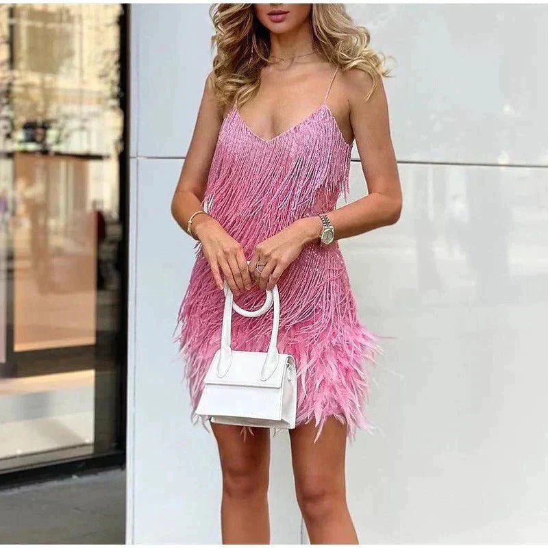 Women's Cocktail Mini Dress with Feather Trim