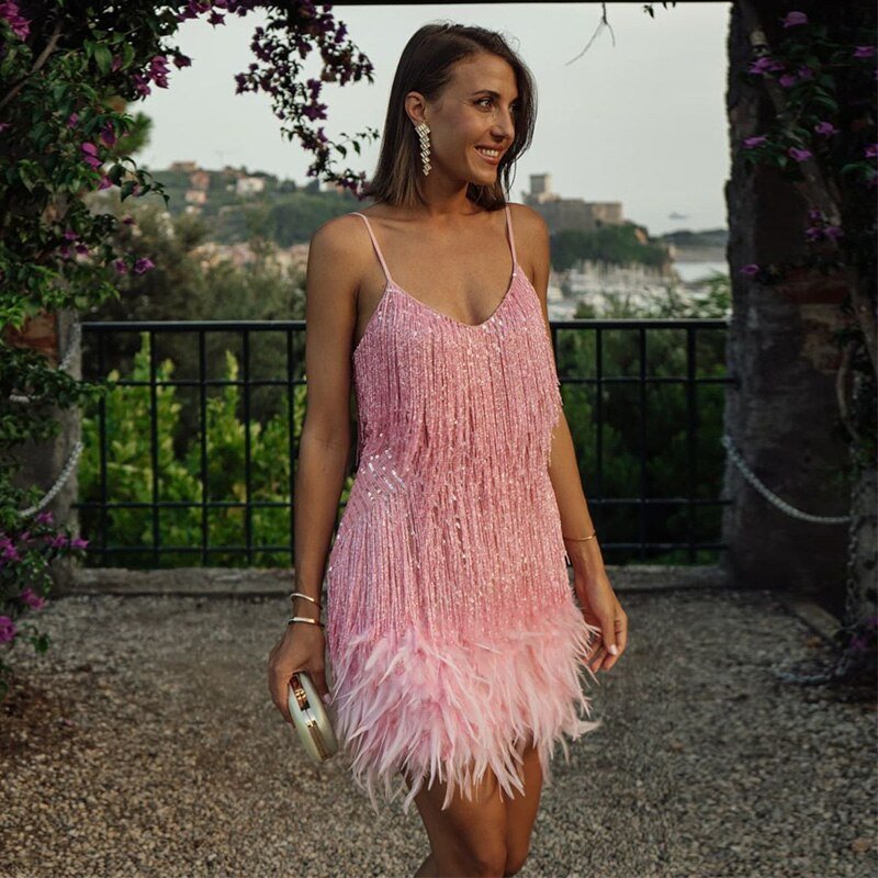 Women's Cocktail Mini Dress with Feather Trim