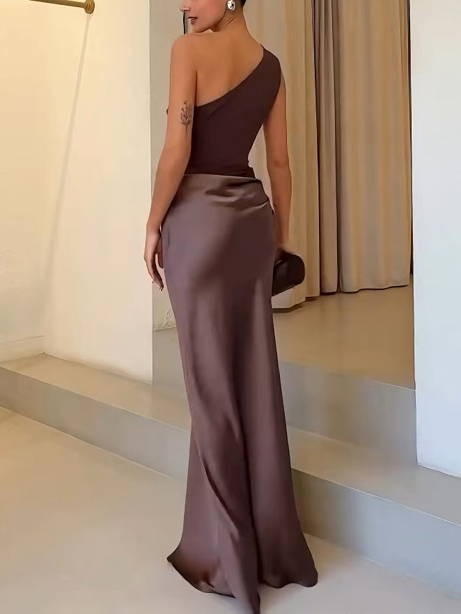 Women's One-Shoulder Pleated Maxi Dress
