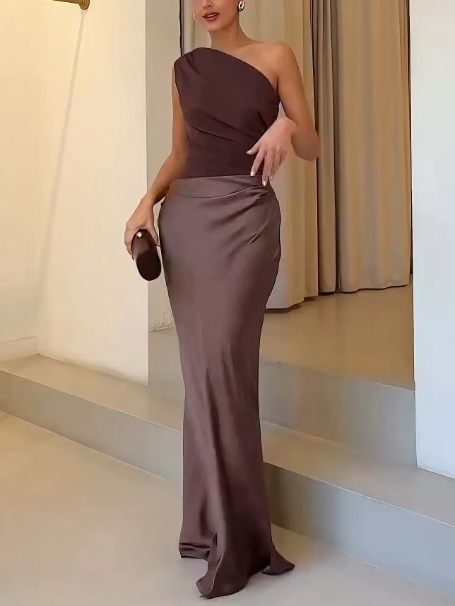 Women's One-Shoulder Pleated Maxi Dress