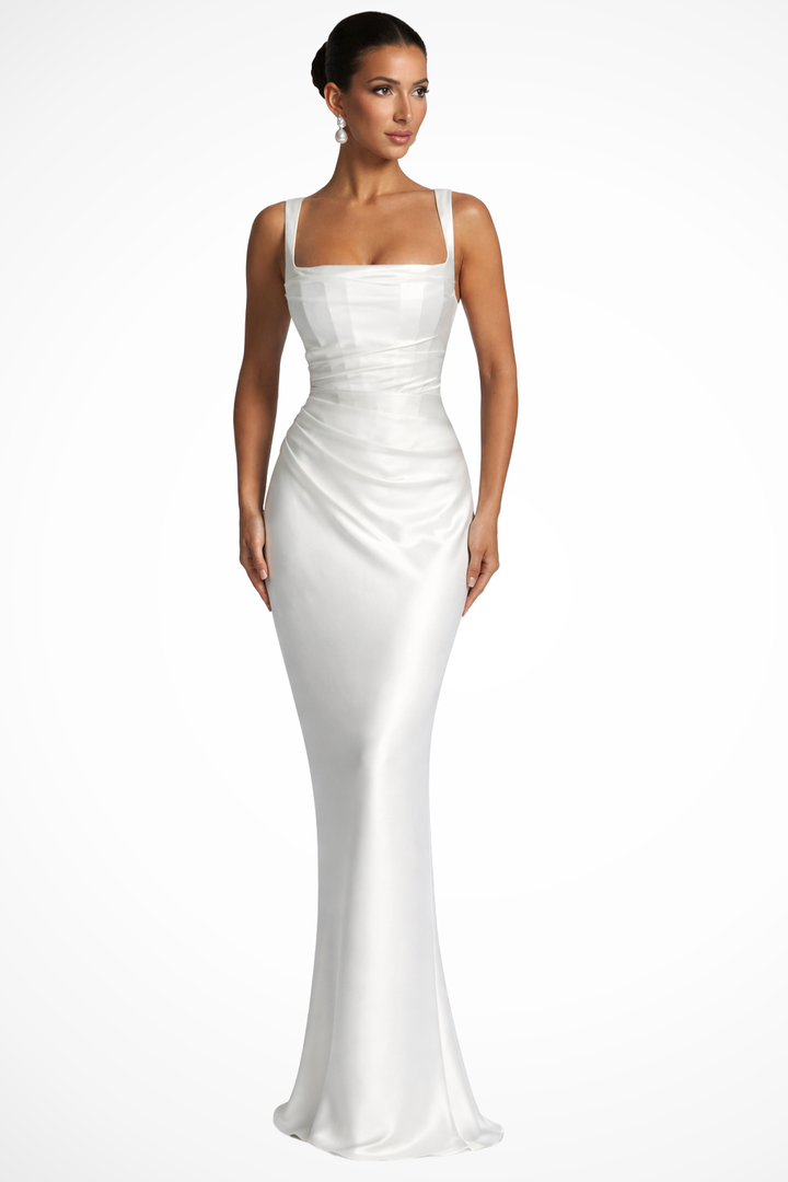 Women's Satin Ruched Maxi Dress Square Neck Wedding Guest