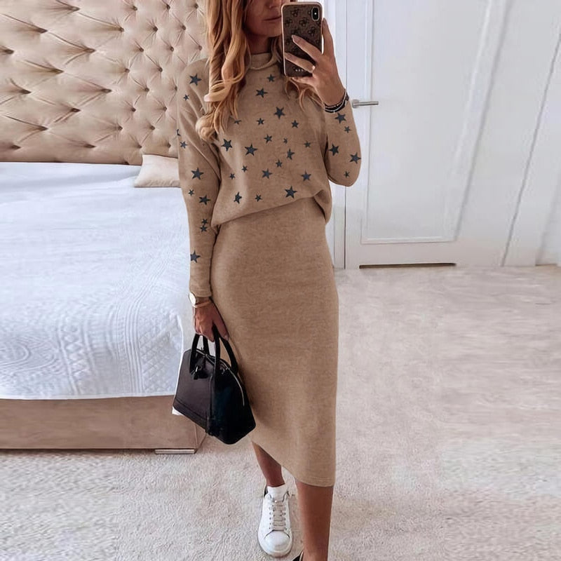 Bethan | Women's Star Print Jumper and Midi Skirt Set