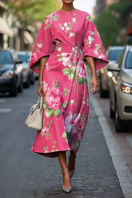 Women's Floral Midi Dress Belted Wrap Style