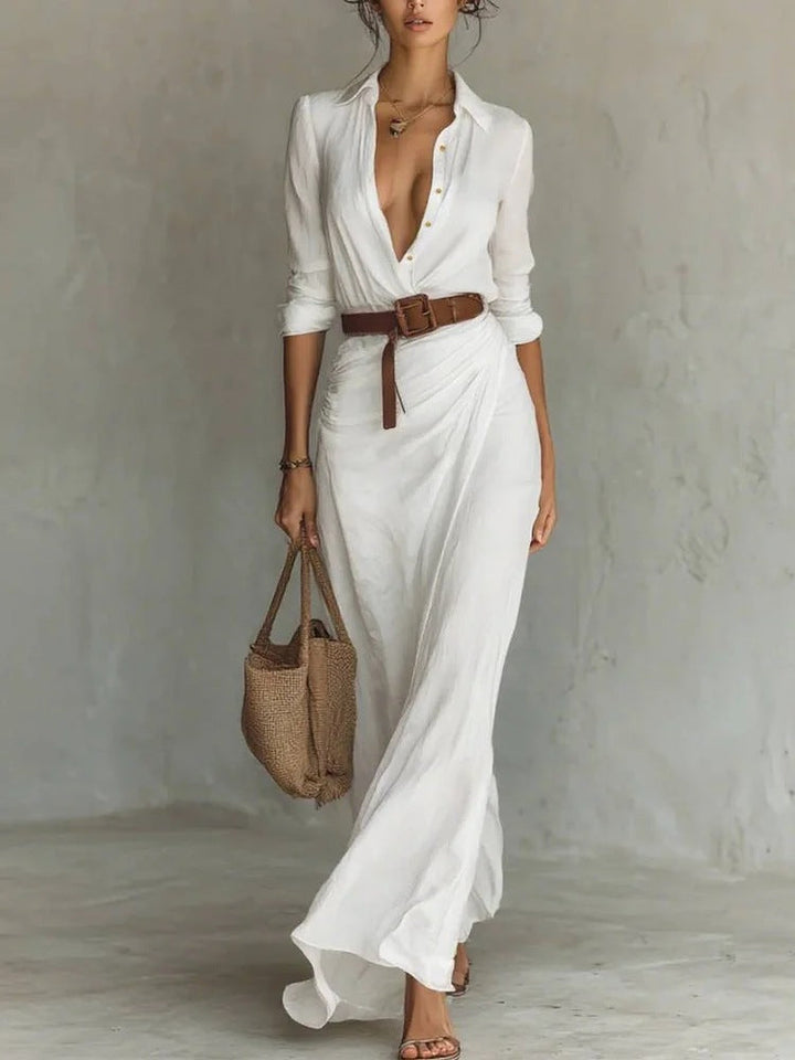 Women's Wrap Maxi Dress Lapel Collar Belted Long Sleeve