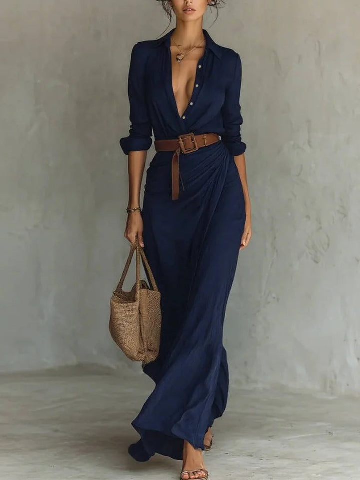 Women's Wrap Maxi Dress Lapel Collar Belted Long Sleeve