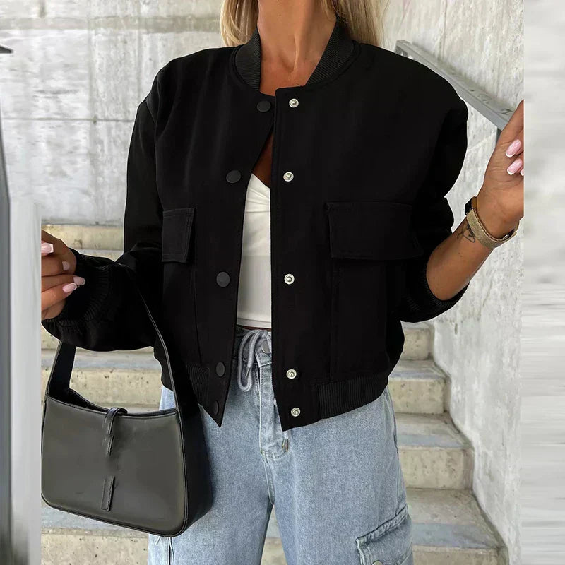 Women's Bomber Jacket Button Closure Flap Pockets