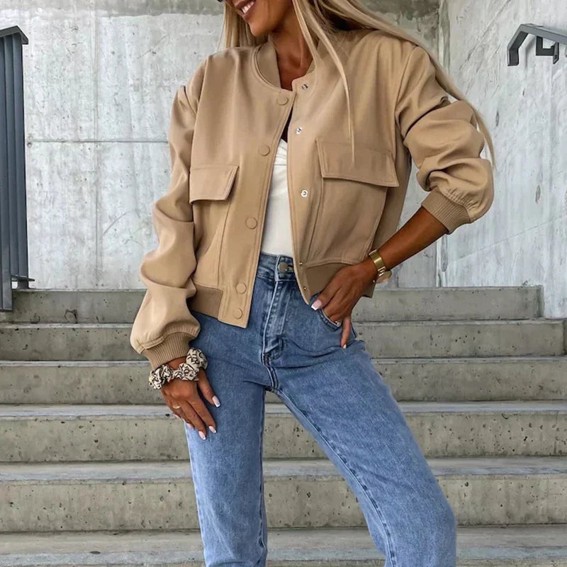 Women's Bomber Jacket Button Closure Flap Pockets