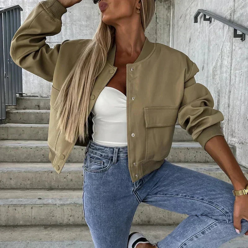Women's Bomber Jacket Button Closure Flap Pockets