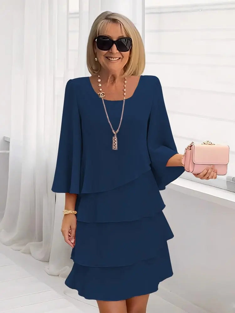 Women's Ruffle A-Line Midi Dress Round Neck Elegant