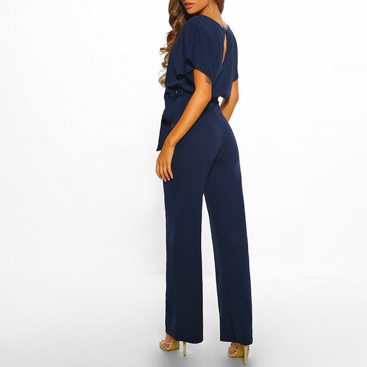Women's Wide Leg Jumpsuit Belted Short Sleeve