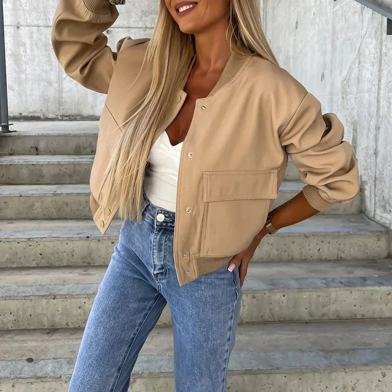 Women's Bomber Jacket Button Closure Flap Pockets