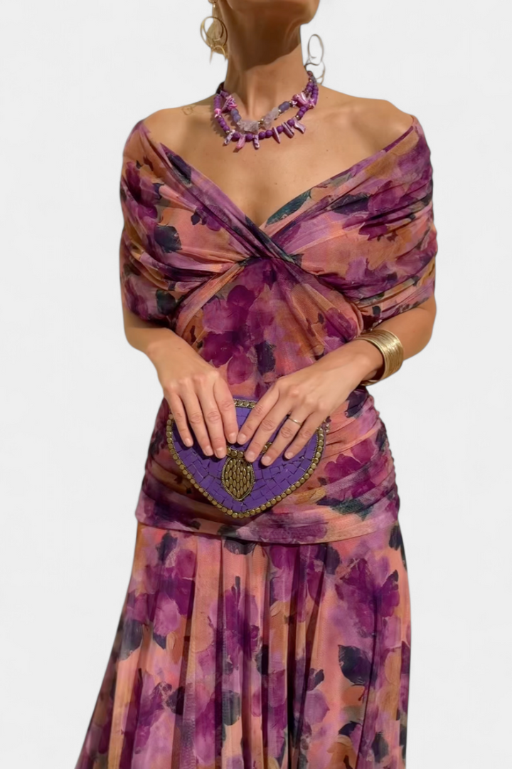 Women's Floral Pleated Maxi Dress V Neck