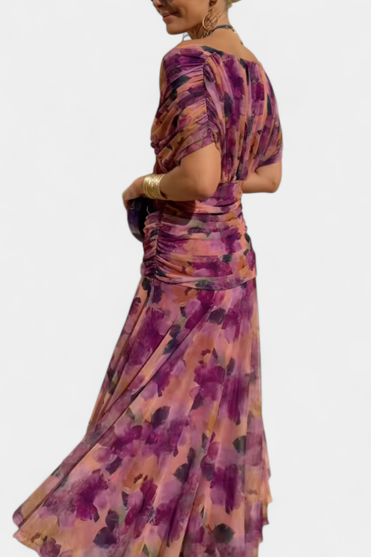 Women's Floral Pleated Maxi Dress V Neck