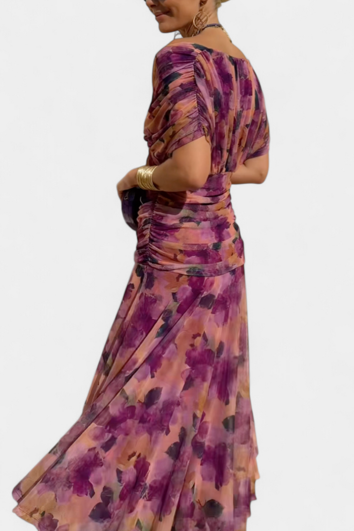 Women's Floral Pleated Maxi Dress V Neck