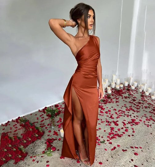 Women's One Shoulder Maxi Dress High Split Wedding Guest