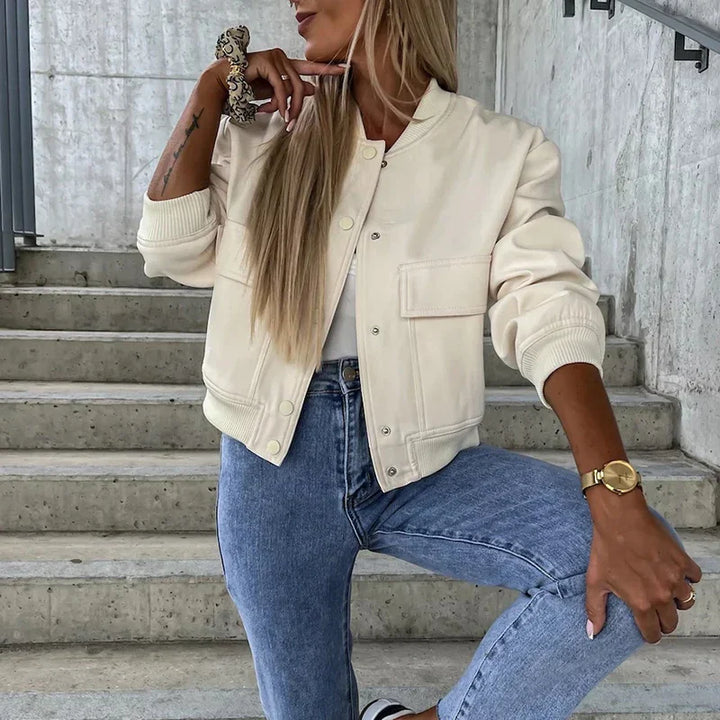 Women's Bomber Jacket Button Closure Flap Pockets