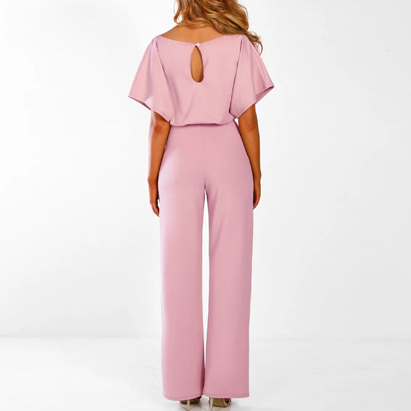 Women's Wide Leg Jumpsuit Belted Short Sleeve