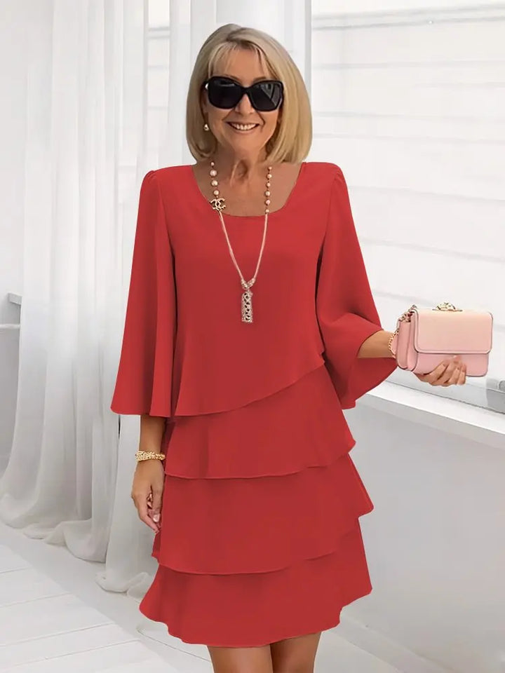Women's Ruffle A-Line Midi Dress Round Neck Elegant
