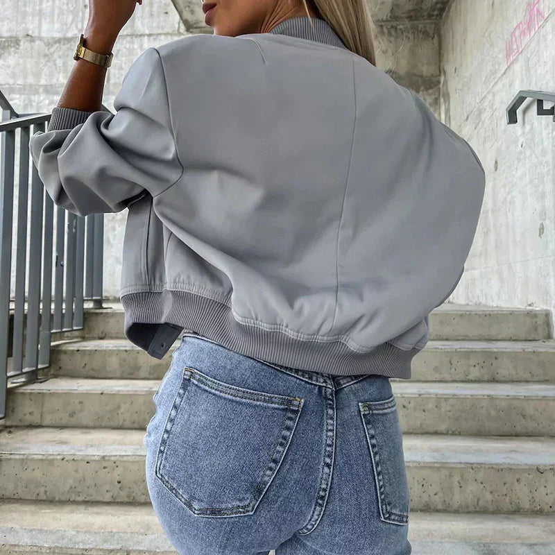 Women's Bomber Jacket Button Closure Flap Pockets