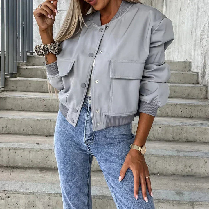 Women's Bomber Jacket Button Closure Flap Pockets