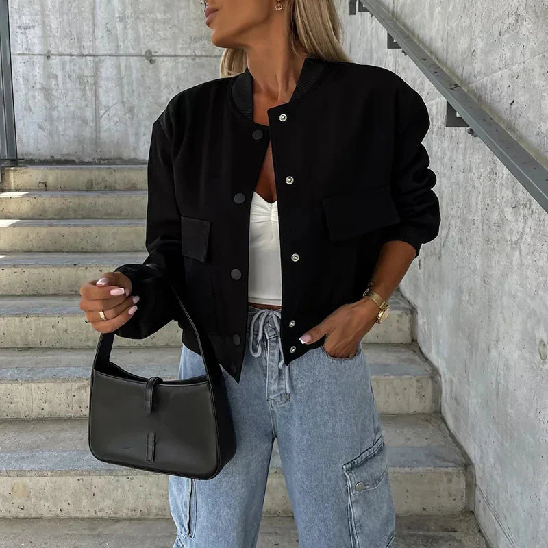 Women's Bomber Jacket Button Closure Flap Pockets