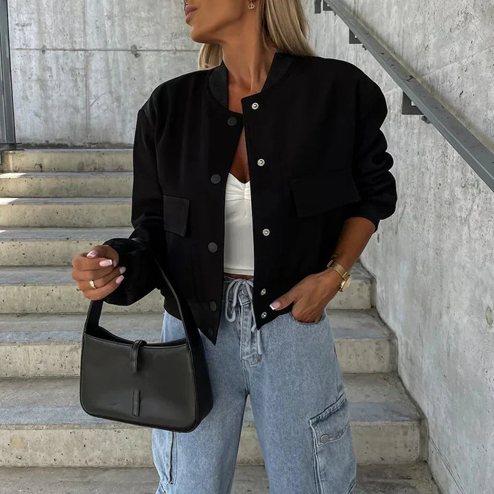 Women's Bomber Jacket Button Closure Flap Pockets