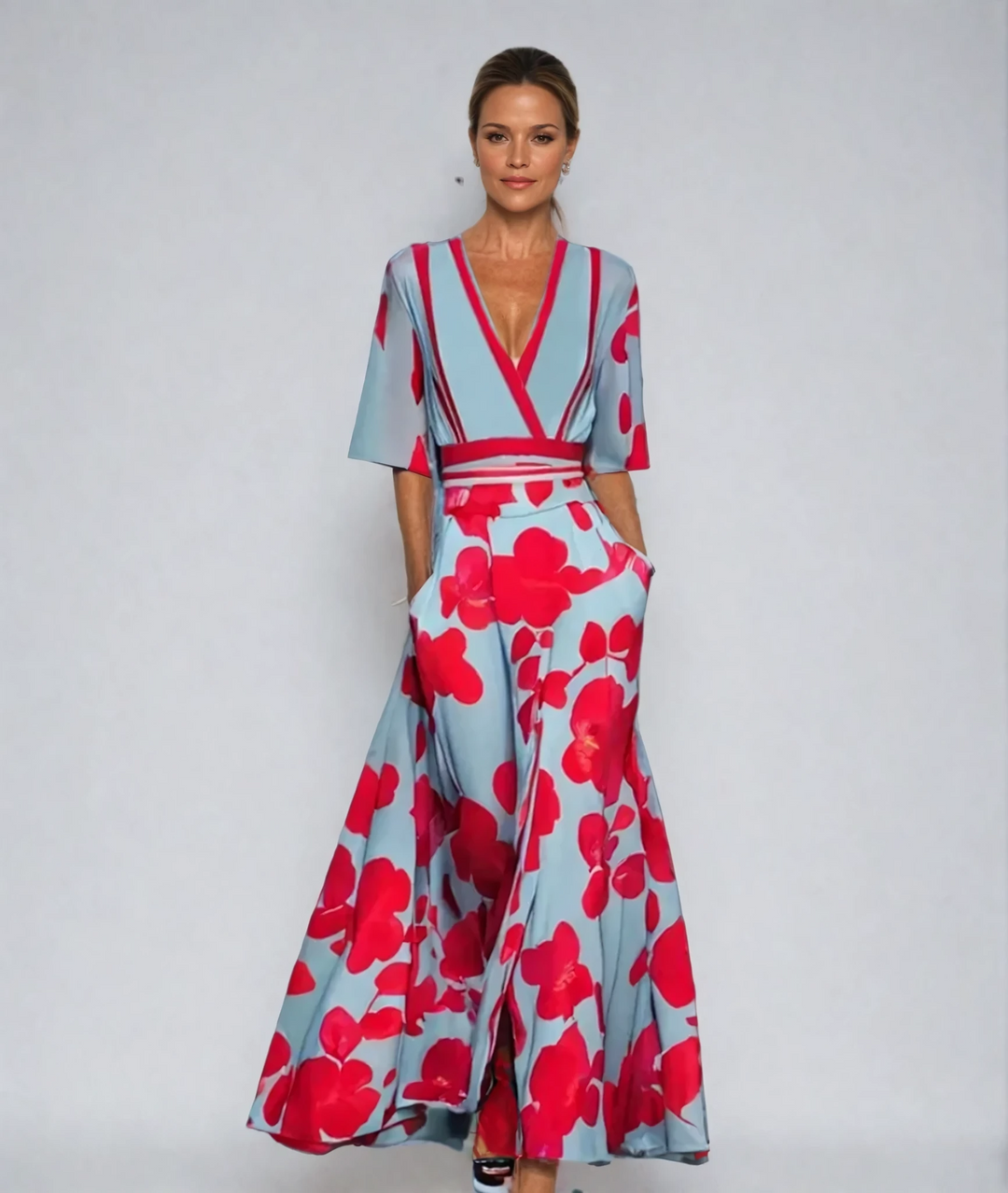 Women's Floral Wrap Maxi Dress A-Line V Neck Belted