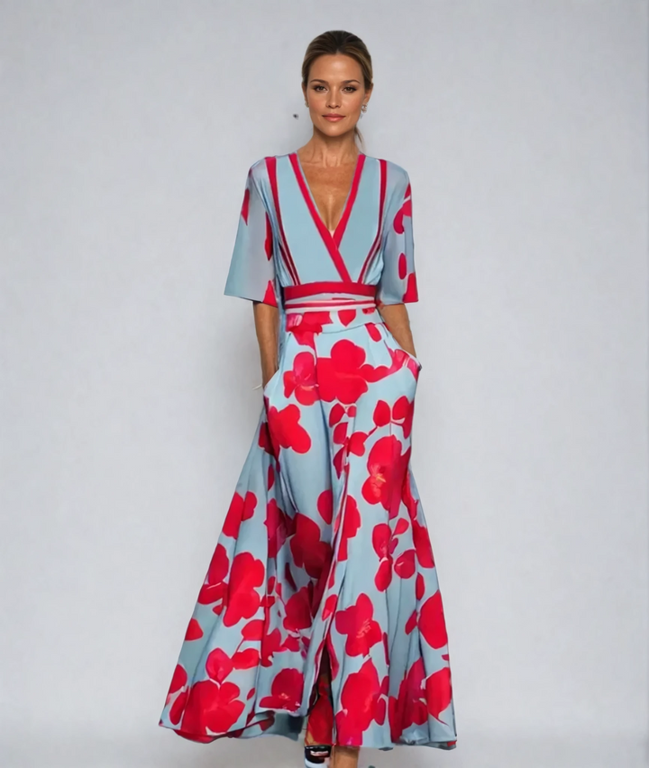 Women's Floral Wrap Maxi Dress A-Line V Neck Belted