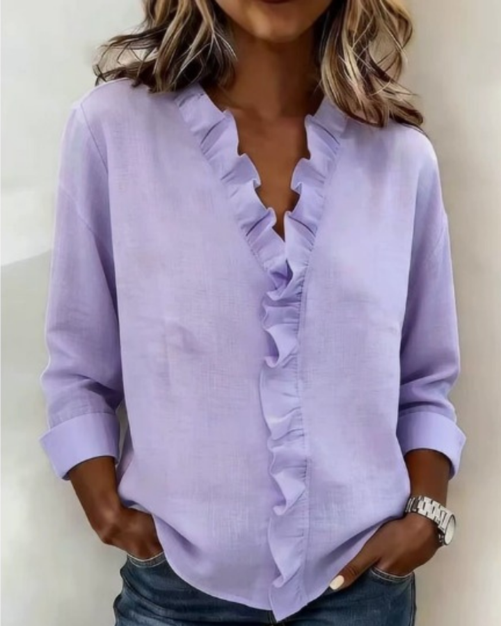 Women's V-Neck Long Sleeve Blouse with Ruffle Trim