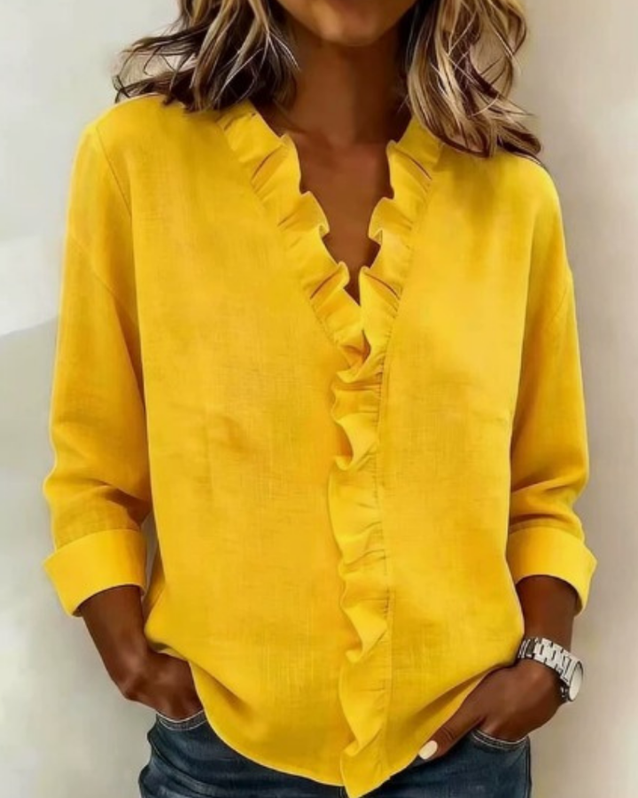 Women's V-Neck Long Sleeve Blouse with Ruffle Trim