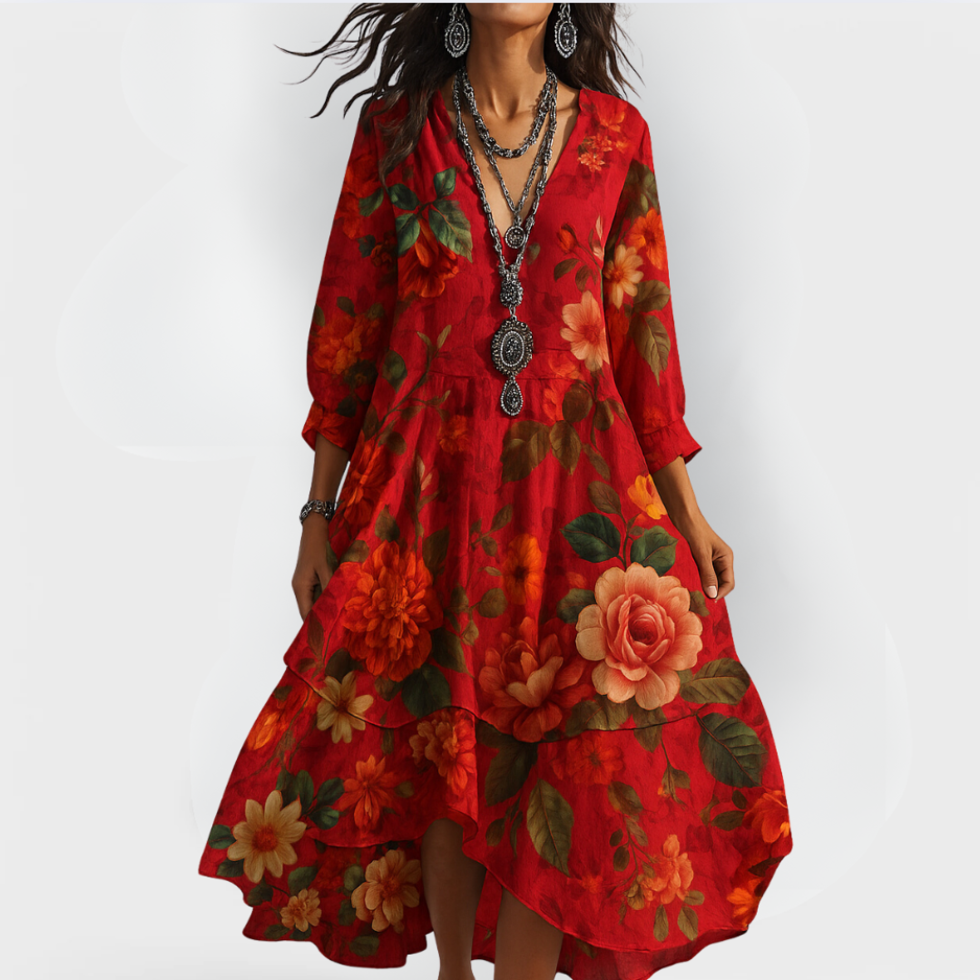 Women's Boho Floral Tiered Midi Dress