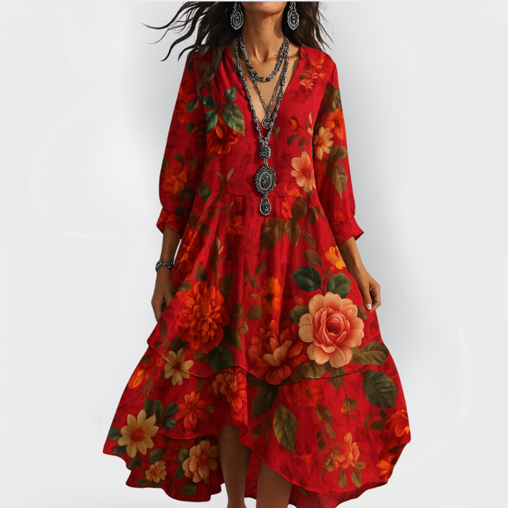 Women's Boho Floral Tiered Midi Dress