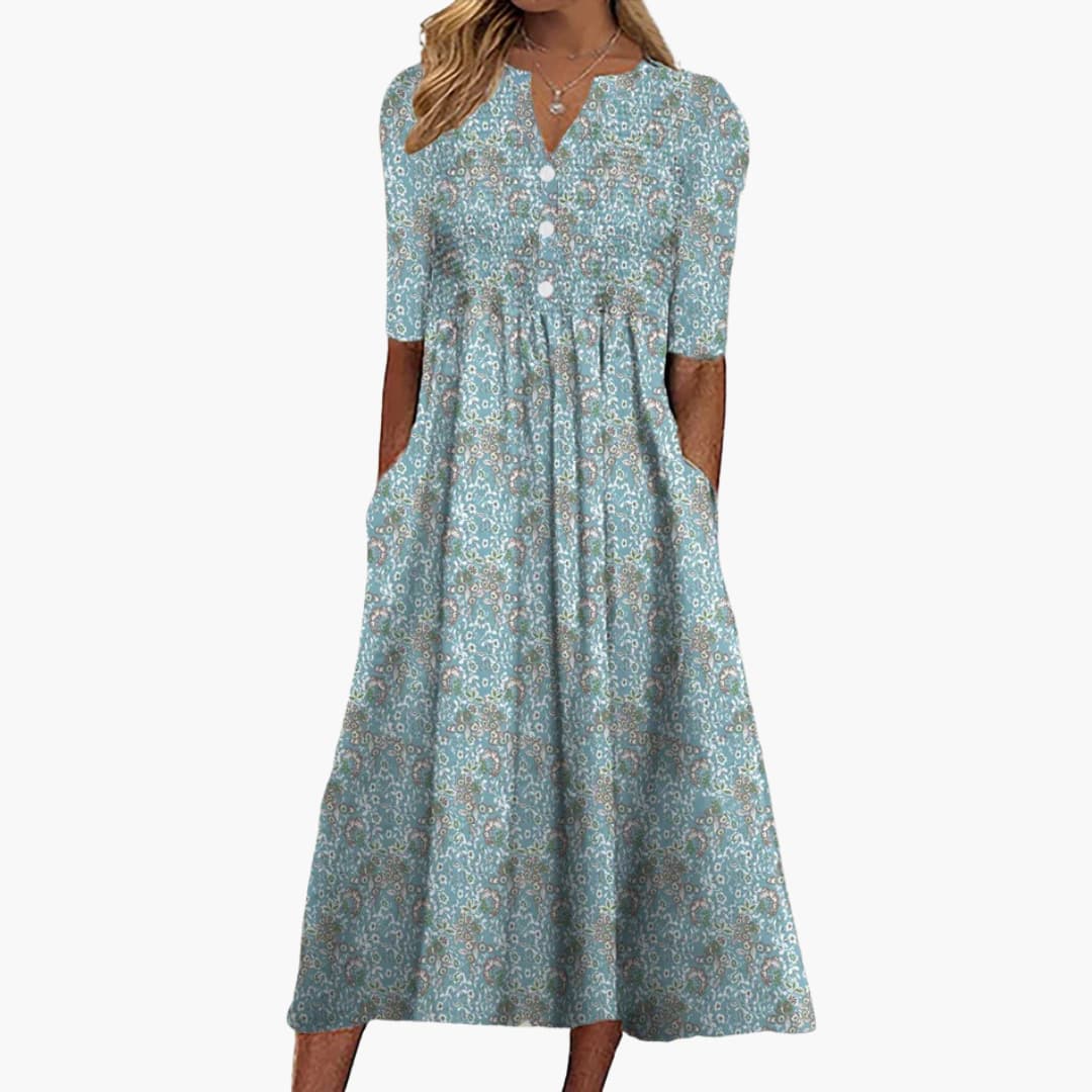 Women's Floral Button Front Midi Dress A-Line V Neck