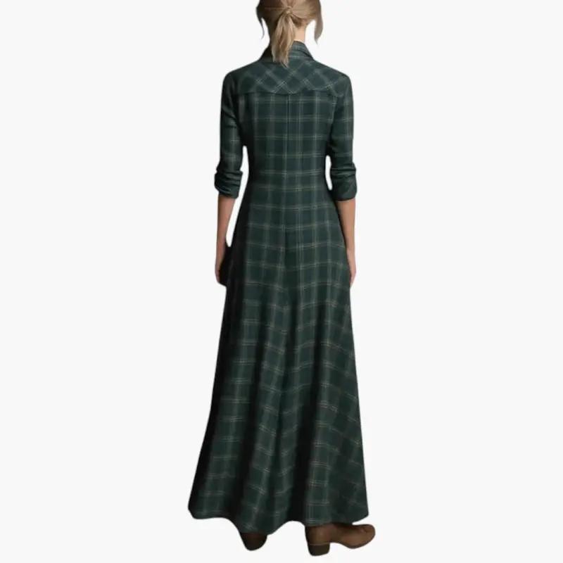 Women's Check Print Maxi Dress Button Down Side Pockets