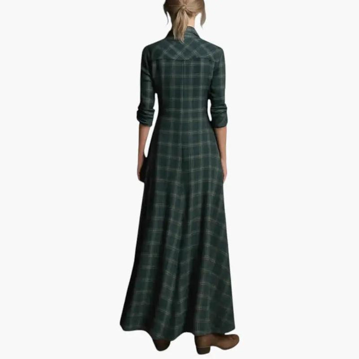 Women's Check Print Maxi Dress Button Down Side Pockets