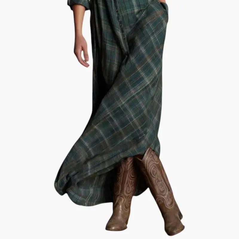 Women's Check Print Maxi Dress Button Down Side Pockets