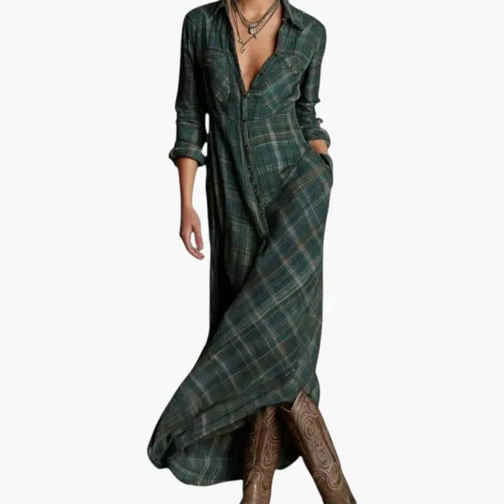 Women's Check Print Maxi Dress Button Down Side Pockets