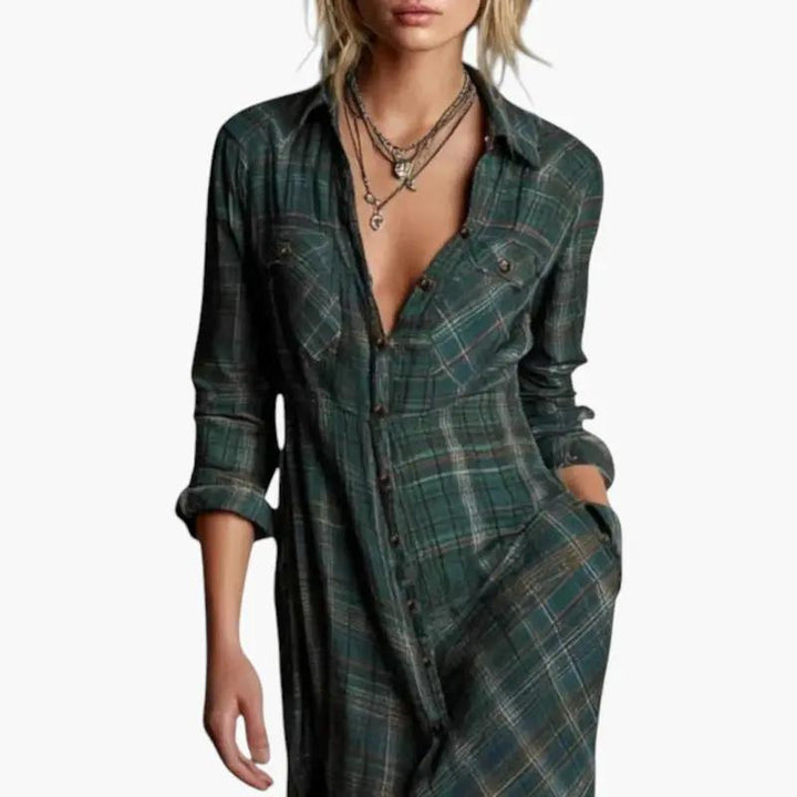 Women's Check Print Maxi Dress Button Down Side Pockets