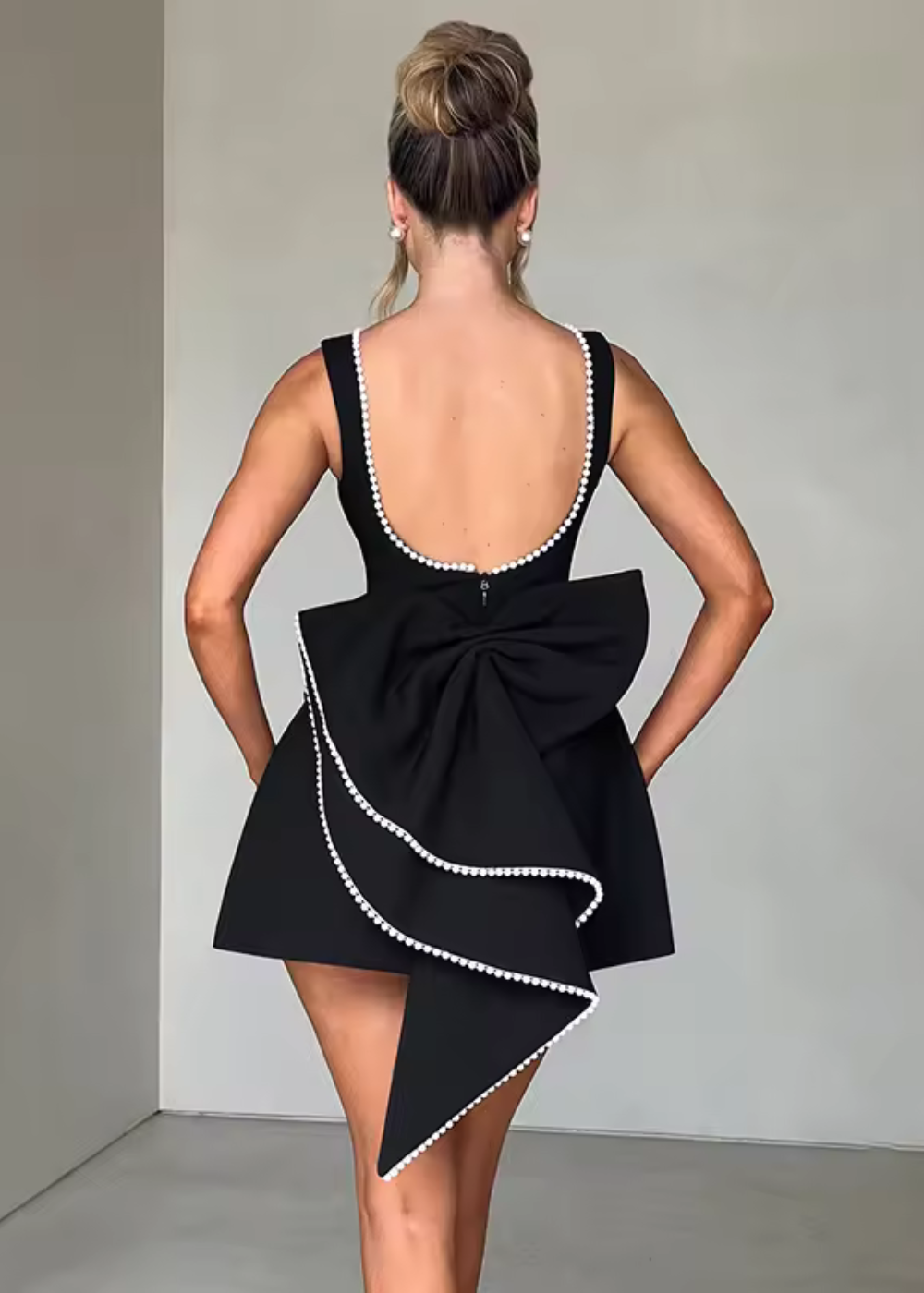 Women's Pearl Trim Bow Back Mini Dress