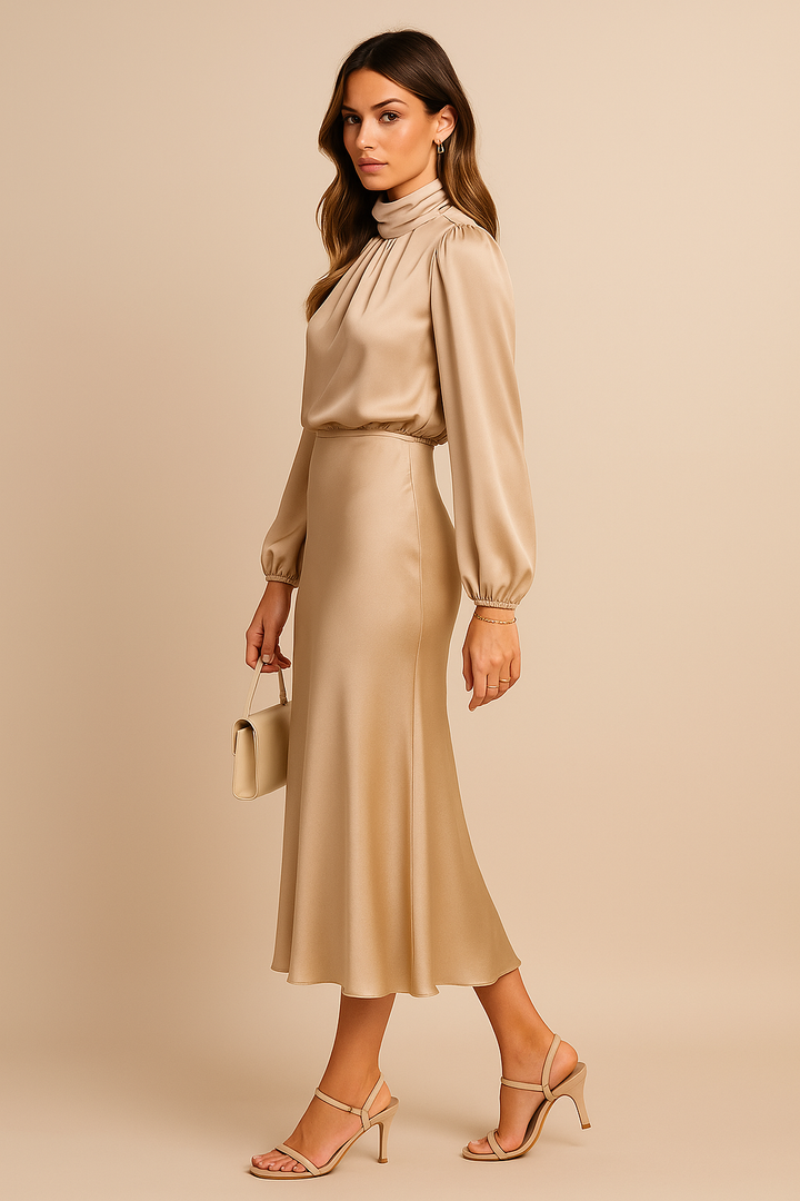 Women's High Neck Long Sleeve Midi Dress