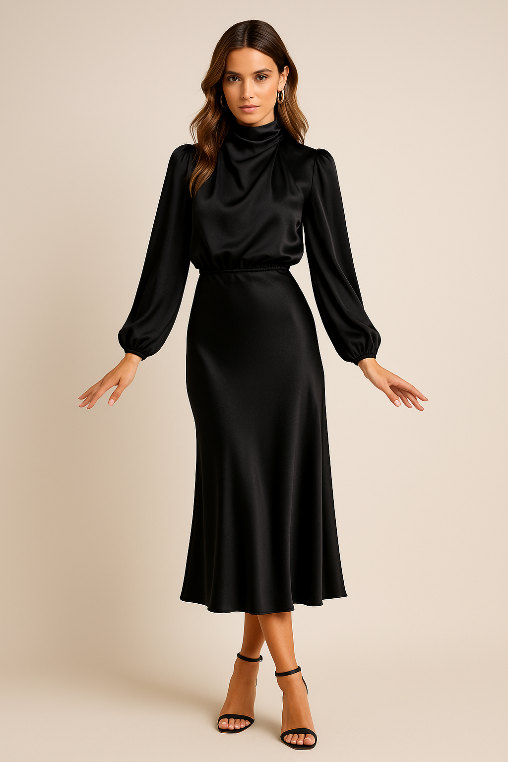 Women's High Neck Long Sleeve Midi Dress