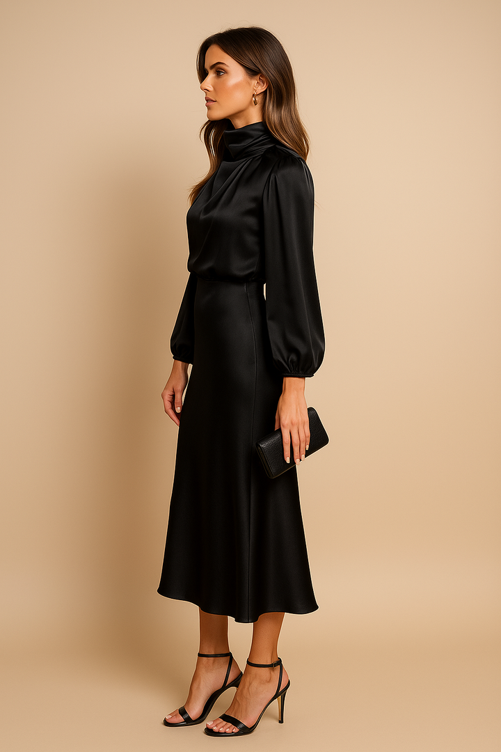 Women's High Neck Long Sleeve Midi Dress