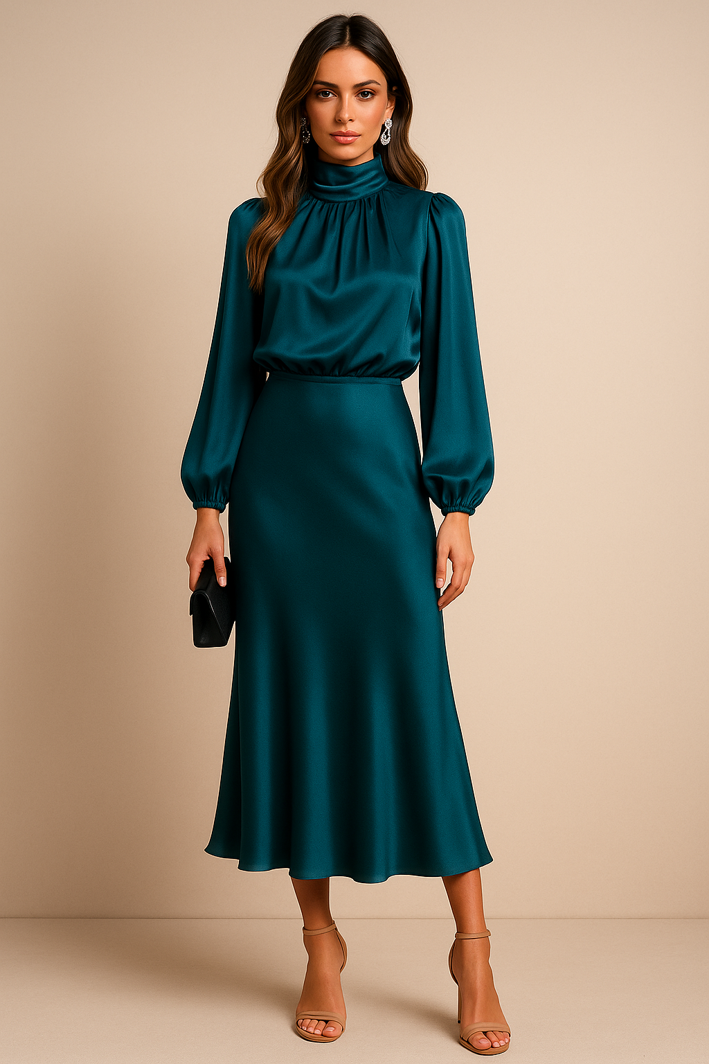 Women's High Neck Long Sleeve Midi Dress