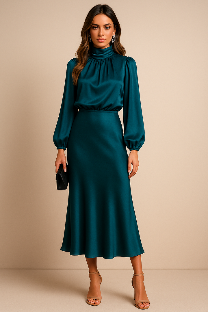 Women's High Neck Long Sleeve Midi Dress