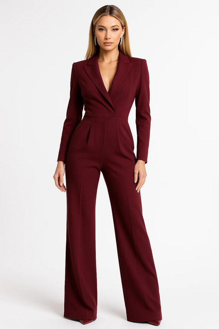 Women's V-Neck Long Sleeve Wide-Leg Jumpsuit