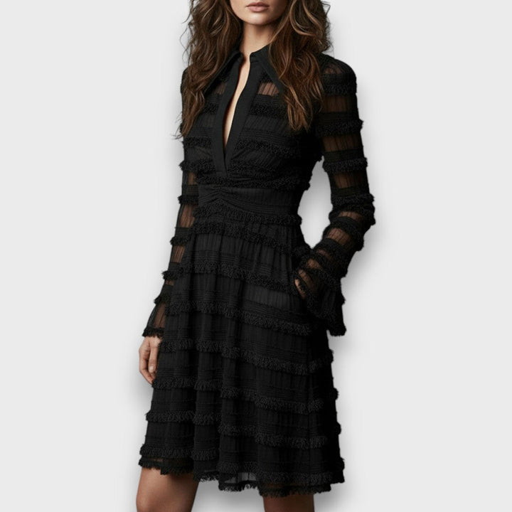 Women's Sheer Sleeve Cocktail Midi Dress