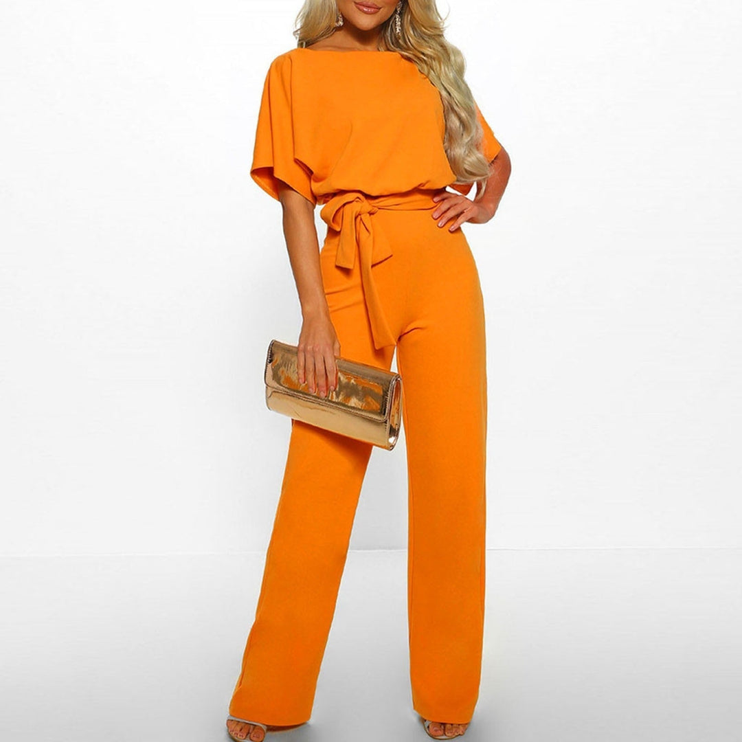 Women's Wide Leg Jumpsuit Belted Short Sleeve