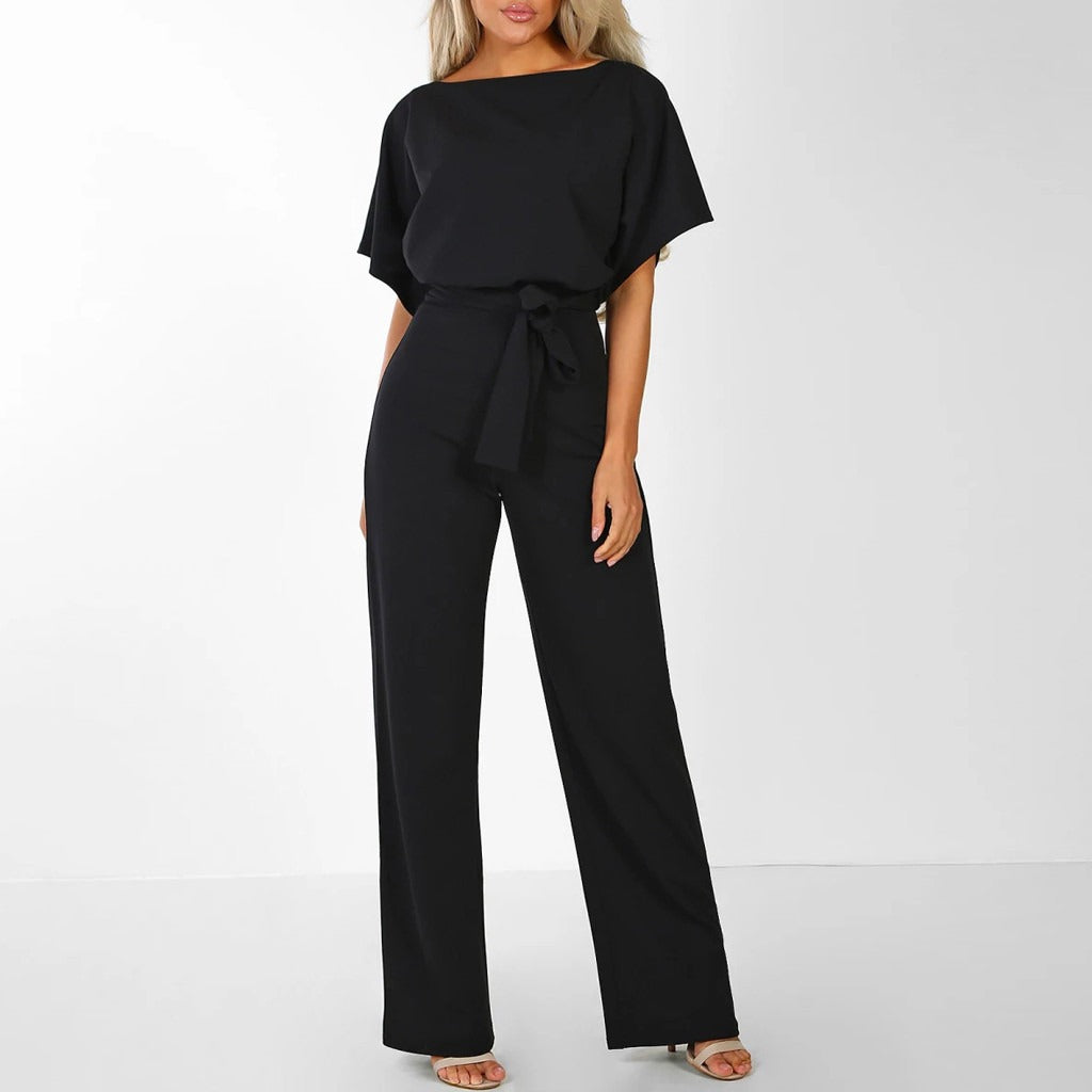 Women's Wide Leg Jumpsuit Belted Short Sleeve