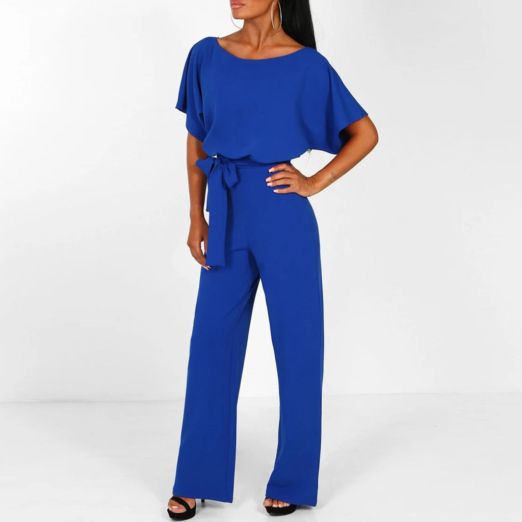 Women's Wide Leg Jumpsuit Belted Short Sleeve
